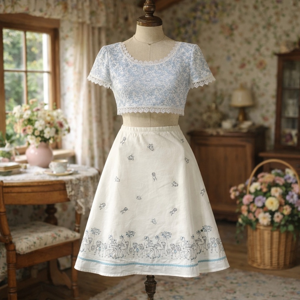 Ann Taylor Loft White, Cotton Novelty Print Embroidered Trim A Line Midi Skirt